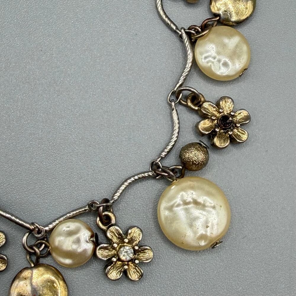 Vintage Mixed Metal Floral Pearl Charm Bracelet - Picture 3 of 3